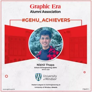 Award certificate: 'GEHU ACHIEVERS' featuring a circular photo of Nikhil Thapa with red geometric accents and university logos in the background.