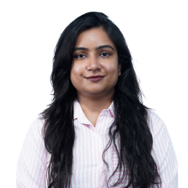 Portrait of a woman with long dark hair, wearing a light striped shirt, facing the camera with a neutral expression against a white background.