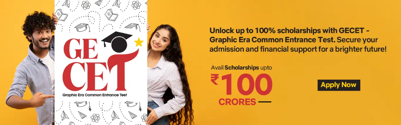 Promotional banner for GECET with two students holding a poster; yellow background, announces up to ₹100 crores in scholarships and an 'Apply Now' button.