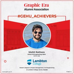 Certificate poster for GEHU Achievers featuring Mohit Rathore's photo and Lambton College logo. Centered portrait with red geometric backdrop and 'Graphic Era Alumni Association' text.